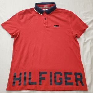 Tommy Hilfiger Denim Mens Red Polo Shirt Big Logo Size Large Vintage Y2K Casual